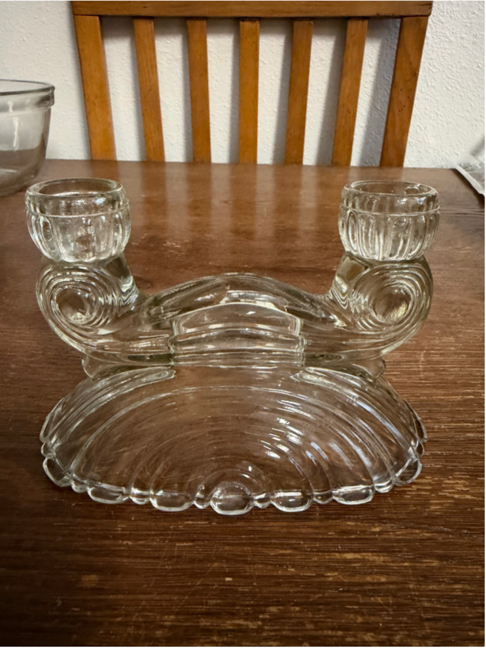 Vintage McKee Glass Double Candlestick Holder Shell Scroll Art Deco Clear